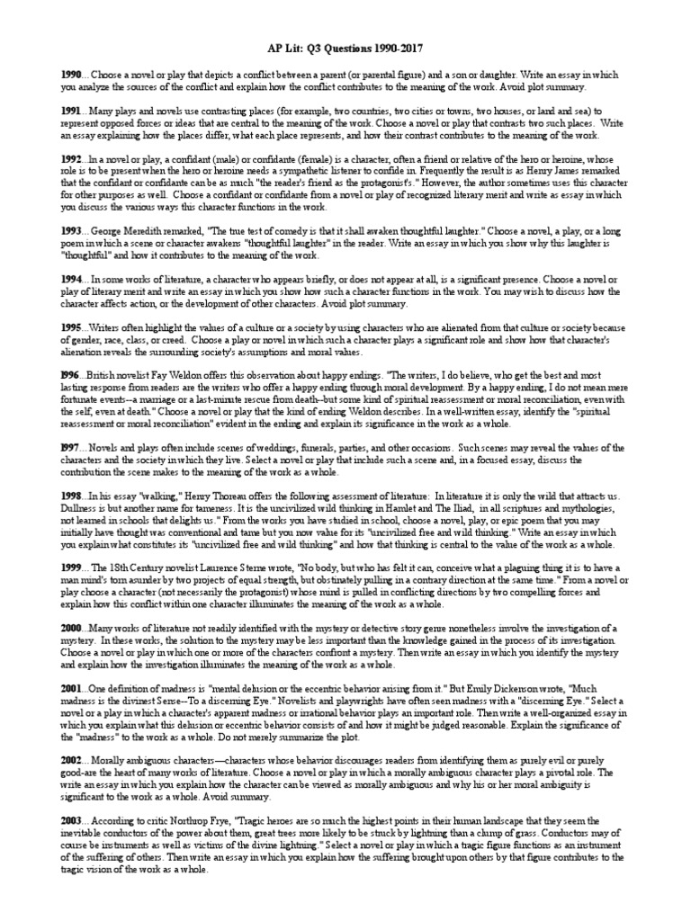 AP Literature Q3 Essay Prompts 1990-2017 | PDF | The Awakening (Chopin ...