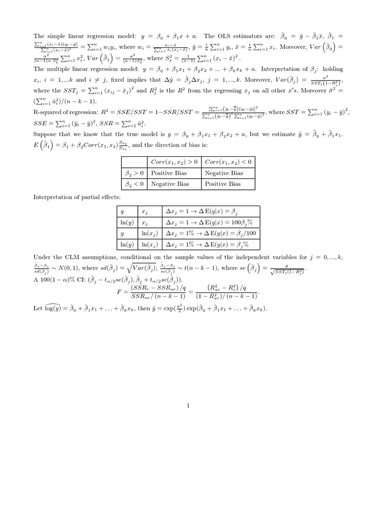 Formulae Sheet PDF Econometrics Regression Analysis