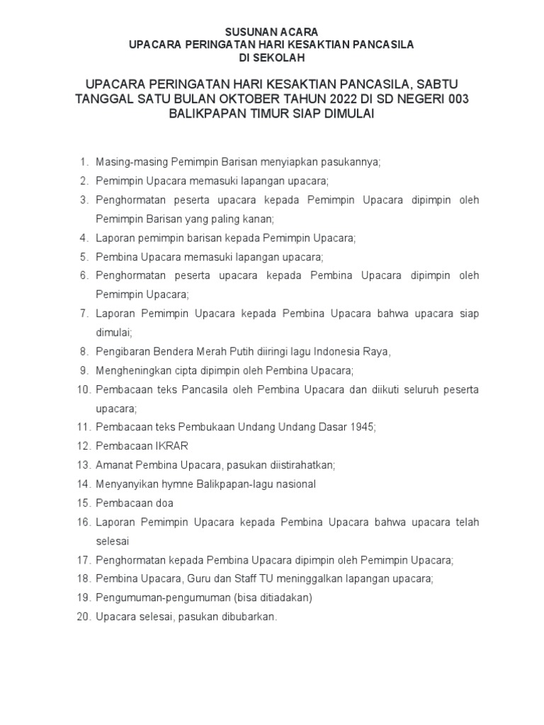 Memperkokoh Pilar Bangsa: Susunan Rangkaian Acara Hari Kesaktian Pancasila 2025 di Sekolah