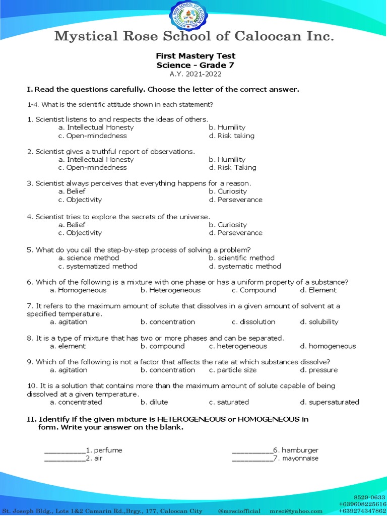 Grade 7 Science Mastery Test 2021-2022 | PDF | Mixture | Solubility