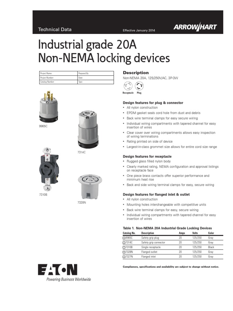 Industrial Grade 20a Non Nema Locking Devices Spec Sheet PDF