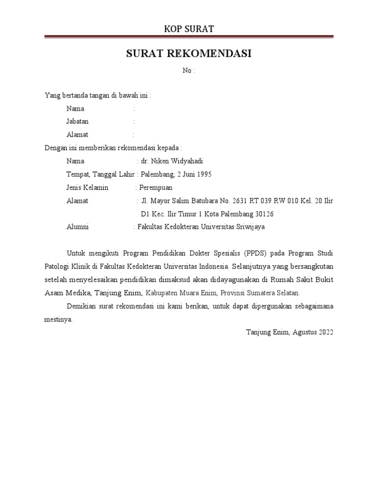 Surat Rekomendasi (Contoh) | PDF