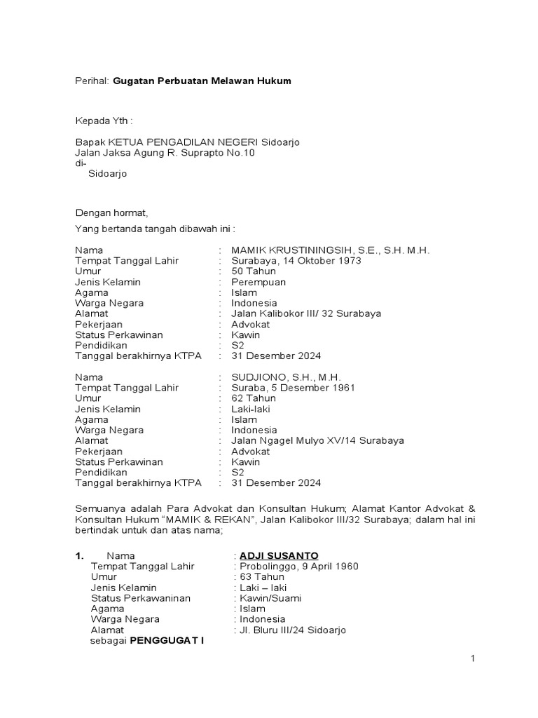 Contoh GUGATAN PMH - Baru | PDF