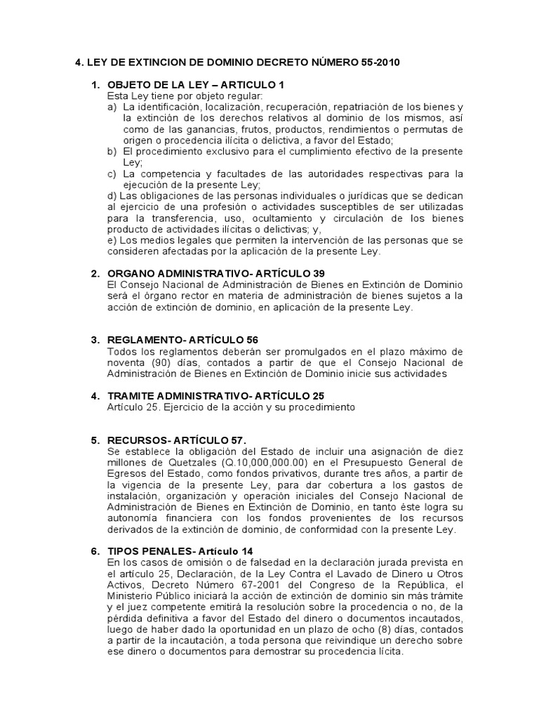 Ley de Extinción de Dominio 55-2010 | PDF | Regulación | Guatemala