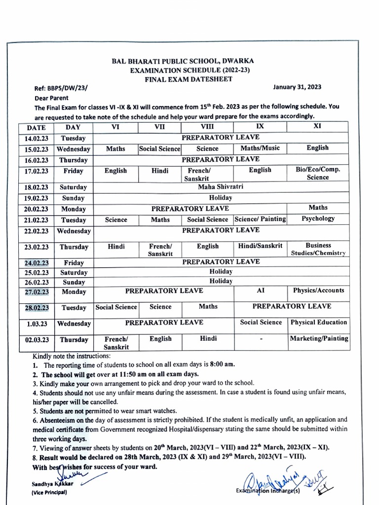 Annual Datesheet Vi Ix Xi Pdf