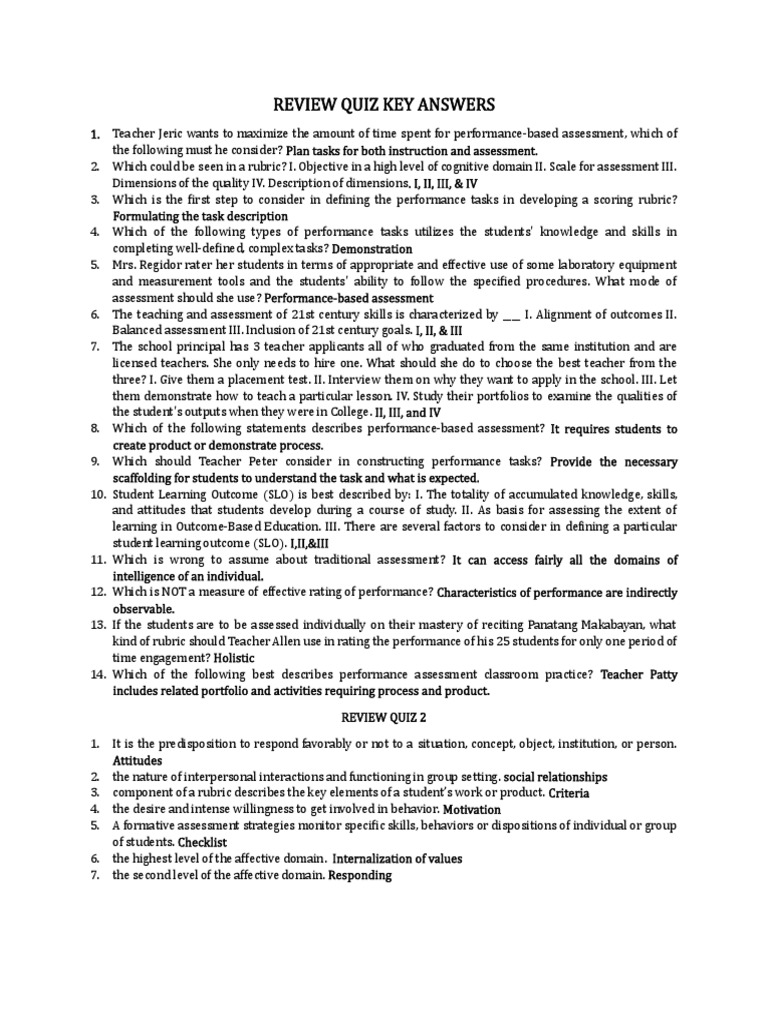 Performance-Based Assessment Quiz Answers | PDF | Educational ...