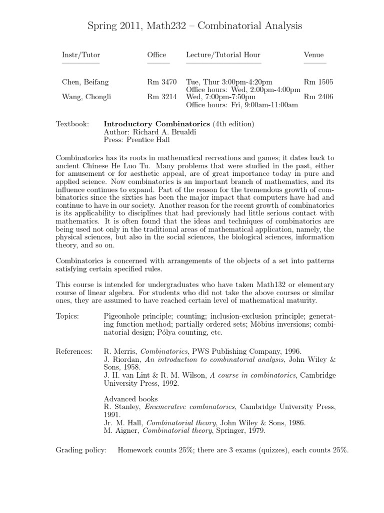 Conbinatorial Analysis by Chen PDF | PDF | Combinatorics | Matrix ...