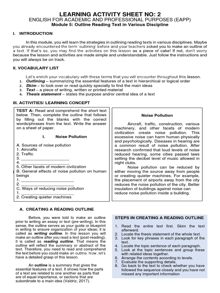 Learning Activity Sheet No 2 English For Academic and Professional