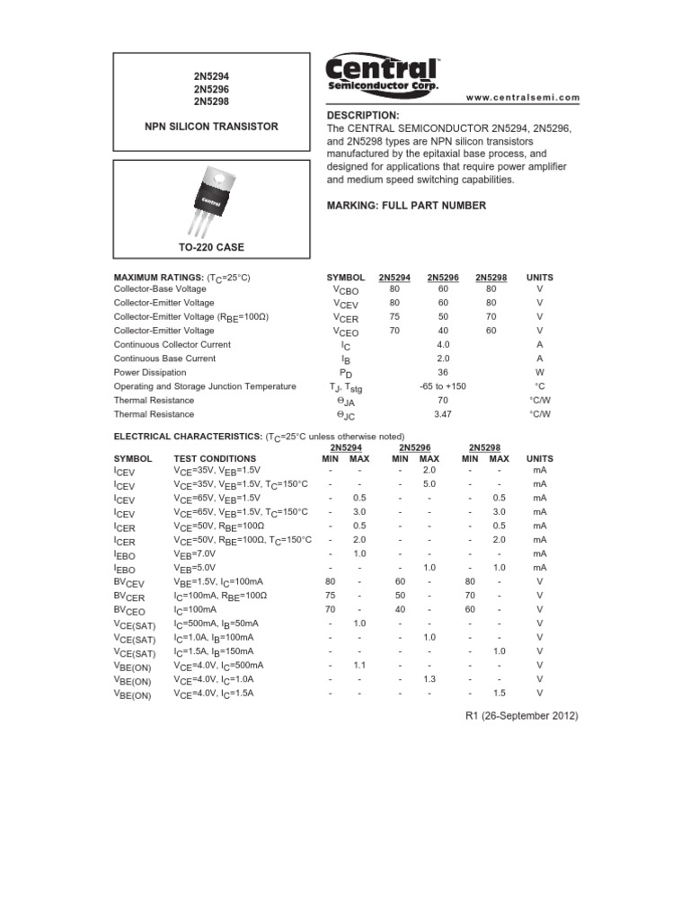 2N5294 2N5296 2N5298 NPN Silicon Transistor Description PDF Bipolar