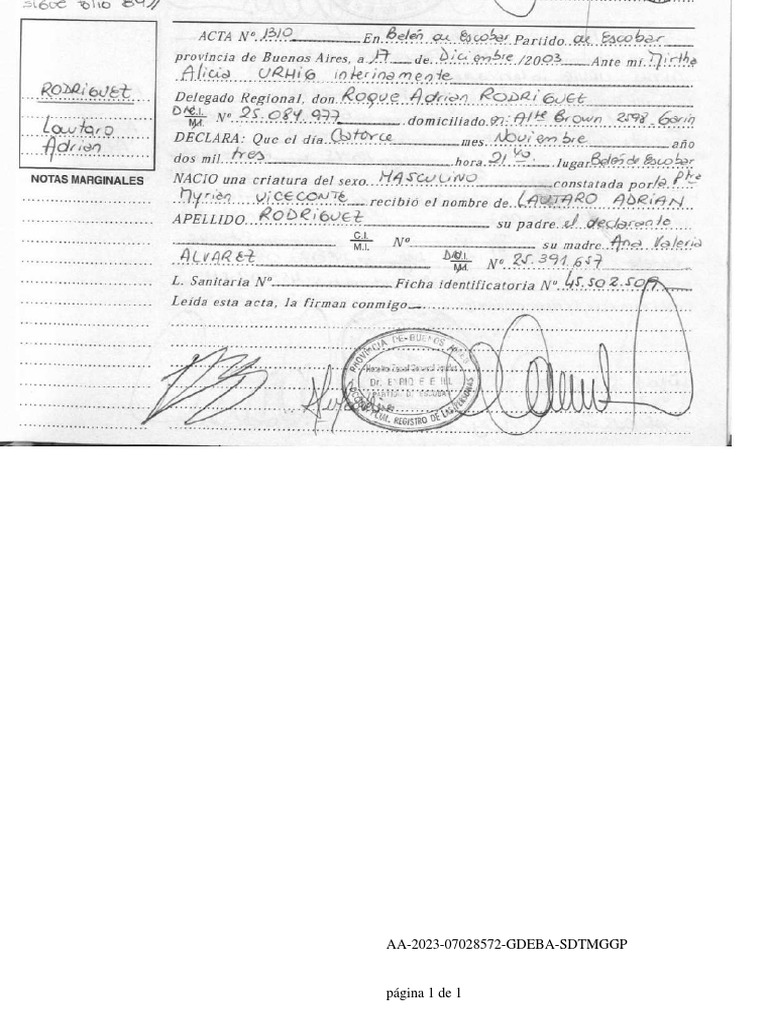 Hoja de Firmas Partida Nacimiento BA | PDF
