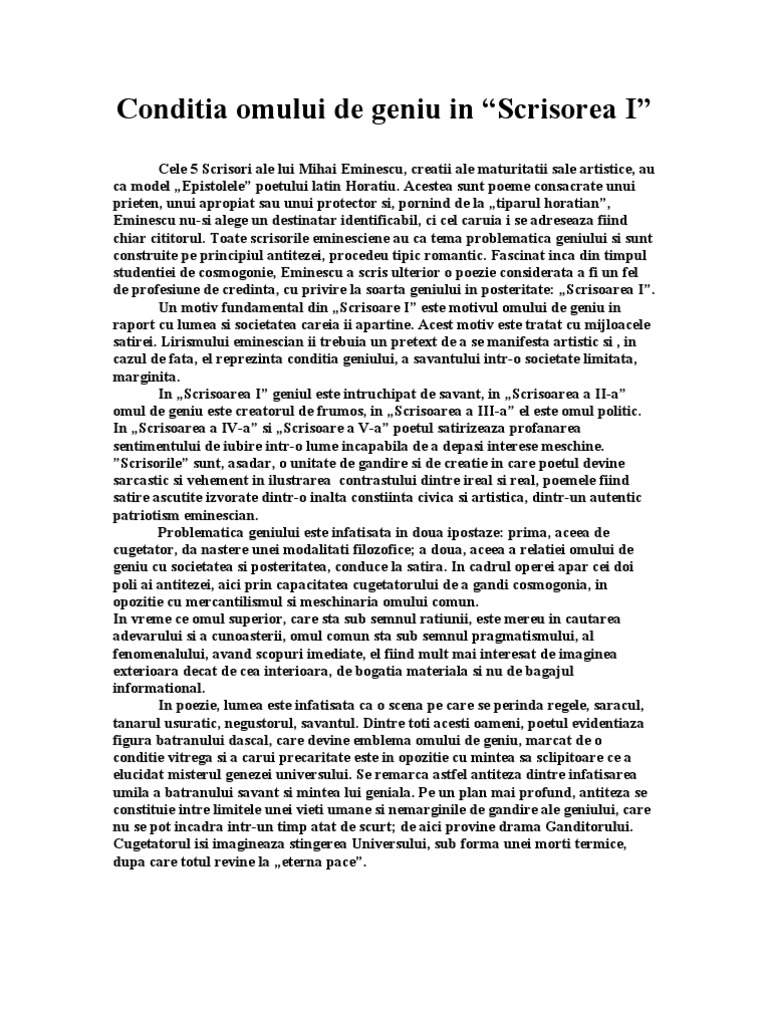 Conditia Omului De Geniu Conditia Omului de Geniu in Scrisoarea I | PDF