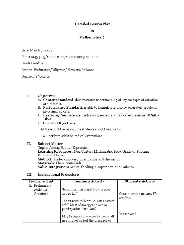Dlp adding radical expressions 9 pdf lesson plan cognition