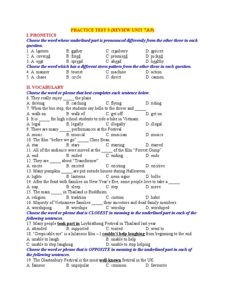 Practice Test 3 - Unit 789 Anh 7 | PDF