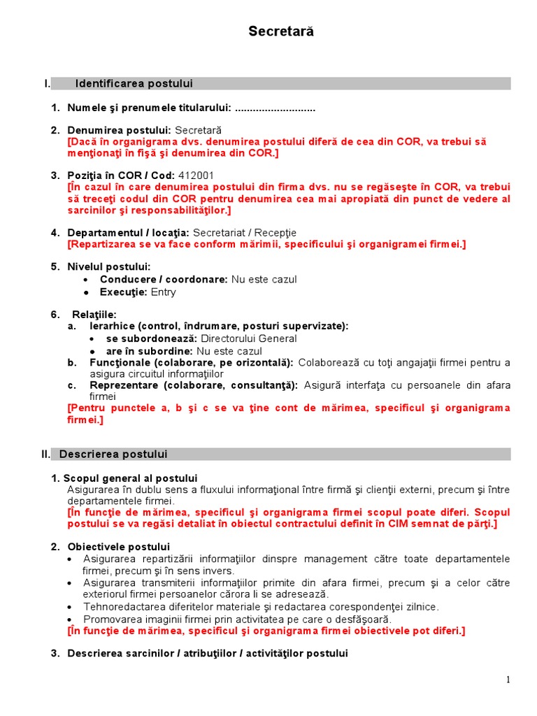 Fisa Postului Pentru Secretara | PDF