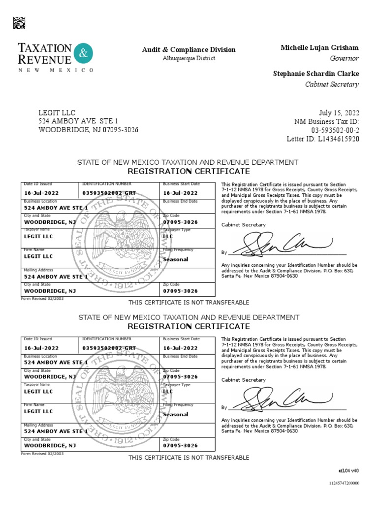 Legit LLC Seller Permit PDF New Mexico Taxes