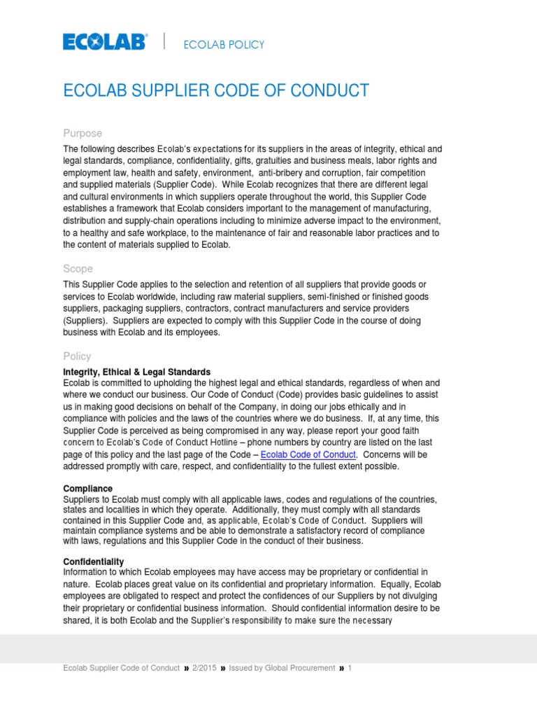 Ecolab Supplier Code of Conduct Overview | PDF | Supply Chain | Employment