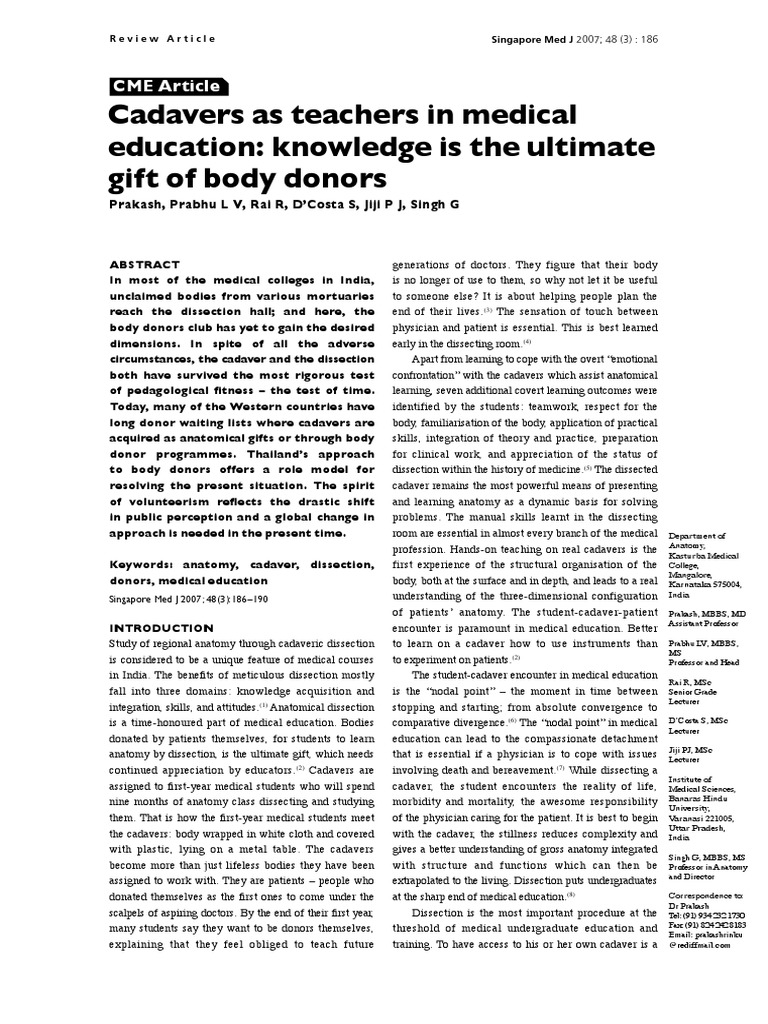 Cadavers As Teachers in Medical Education Singapore Medical Journal