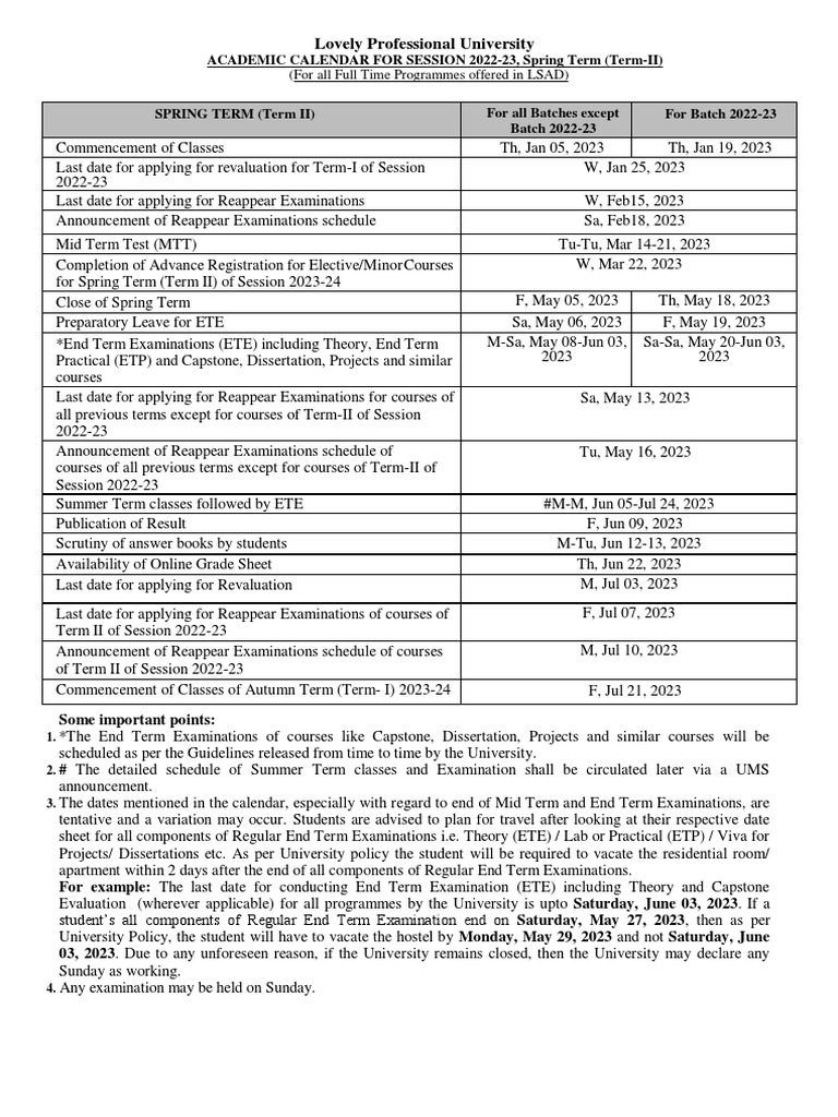 Lovely Professional University Spring Term 2022 23 Academic Calendar PDF