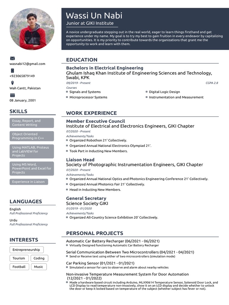 GIKI Electrical Engineering Student Profile | PDF