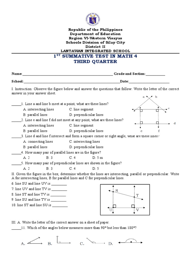 1ST Summative Test in Math 4, Q3 | PDF | Triangle Geometry | Elementary ...