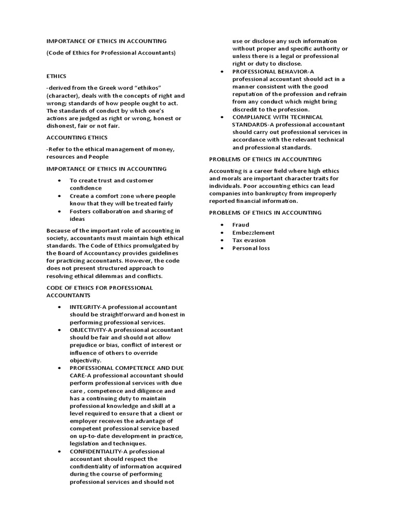 Importance Of Ethics In Accounting Pdf Accounting Confidentiality