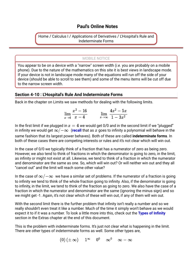 Calculus I - L'Hospital's Rule and Indeterminate Forms | PDF ...