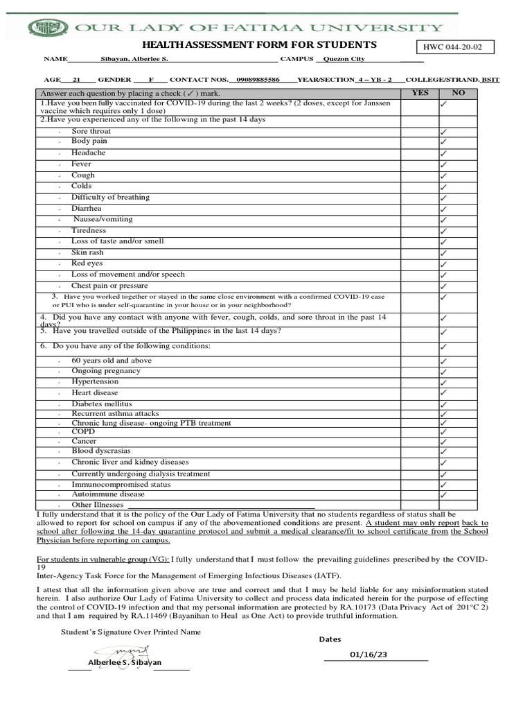 Sibayan - Health Assessment Form | Download Free PDF | Chronic ...