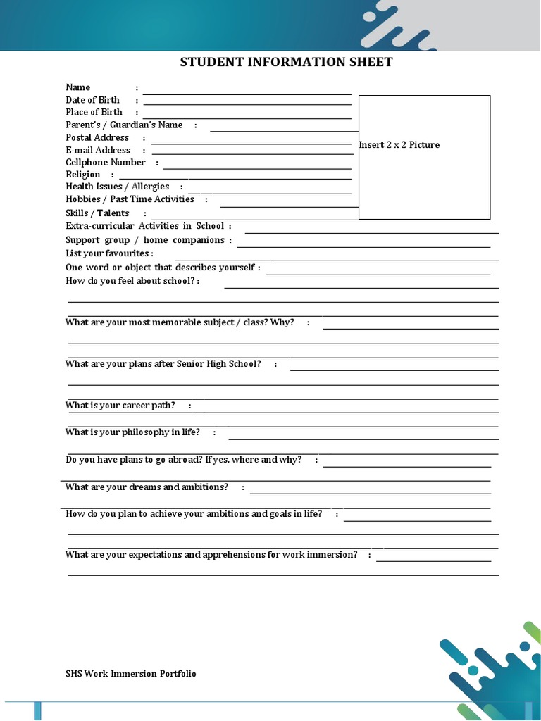 High School Student Information Sheet | PDF | Lifestyle