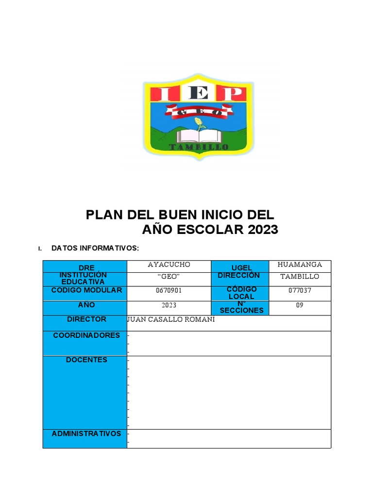 Plan de Buen Inicio Escolar 2023 | PDF | Educación primaria | Enseñando