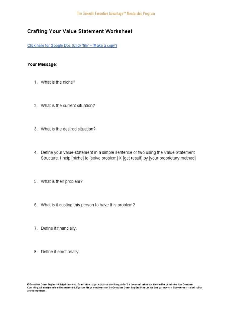 3 - Crafting Your Value Statement Worksheet | PDF