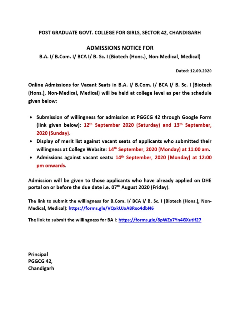PGGCG 42 Admission Notice for 2020 | PDF