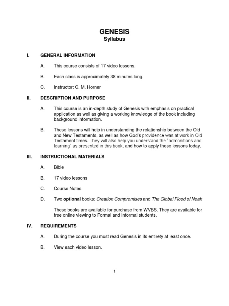 Genesis Course Syllabus Overview | PDF | Book Of Genesis