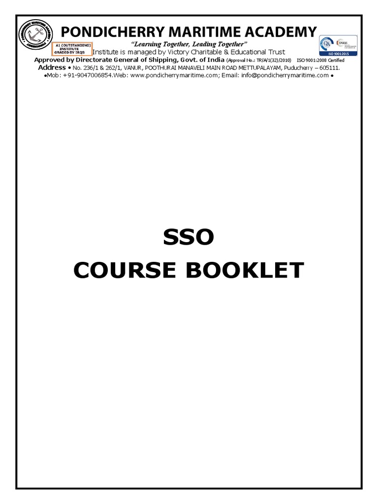 SSO Course Booklet: Institute Is Managed by Victory Charitable