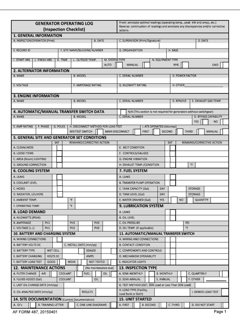 Forhtml - Af Form 487 Generator Operating Log Inspection Checklist PDF ...