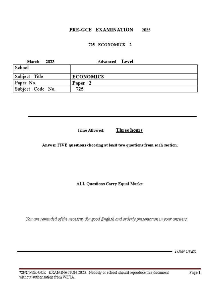 2023 GCE Economics Paper 2 Exam Questions | PDF | Economics | Money