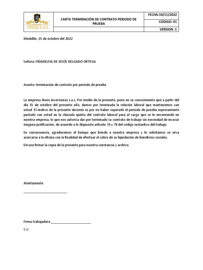 Terminación de contrato por no superar periodo de prueba PDF