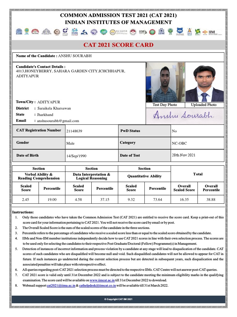 CAT Results 2021 PDF PDF Student Assessment And Evaluation