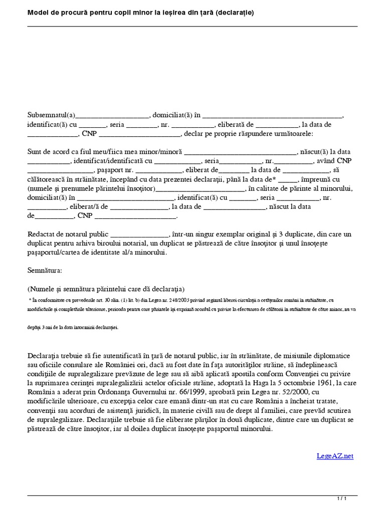 Model Procura Declaratie Iesire Minor Din Tara PDF | PDF