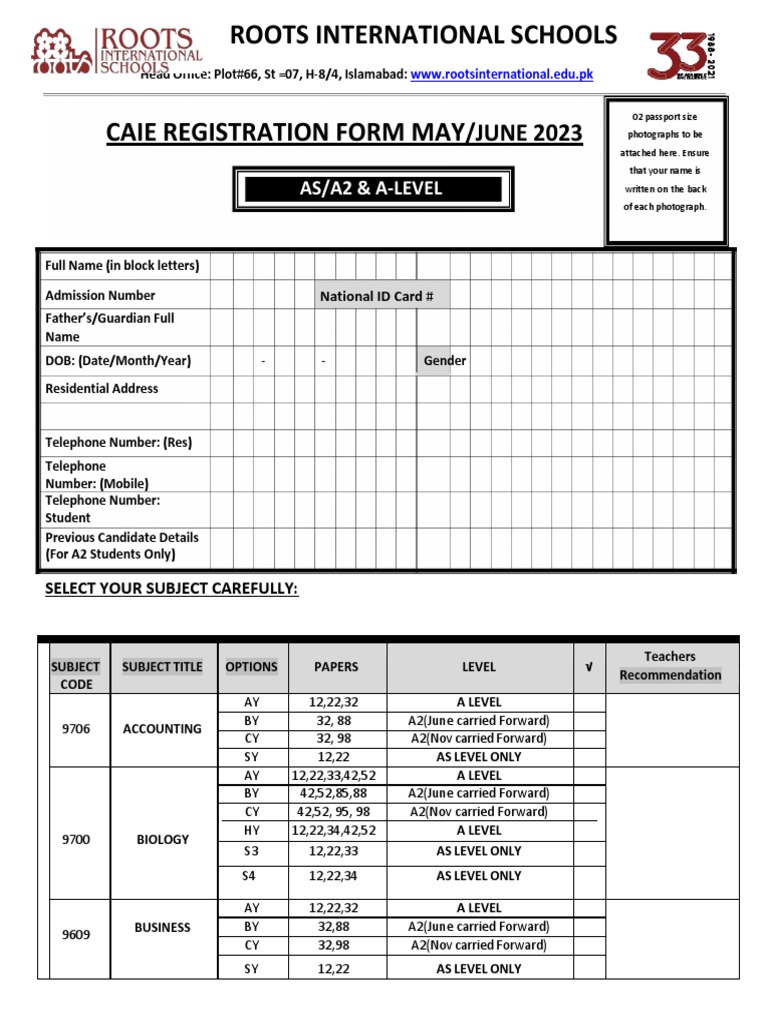 A LEVEL CAIE REGISTRATION FORM May June 2023 PDF