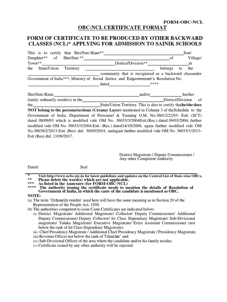 OBC-NCL Certificate Format for Admissions | PDF | Government Of India ...