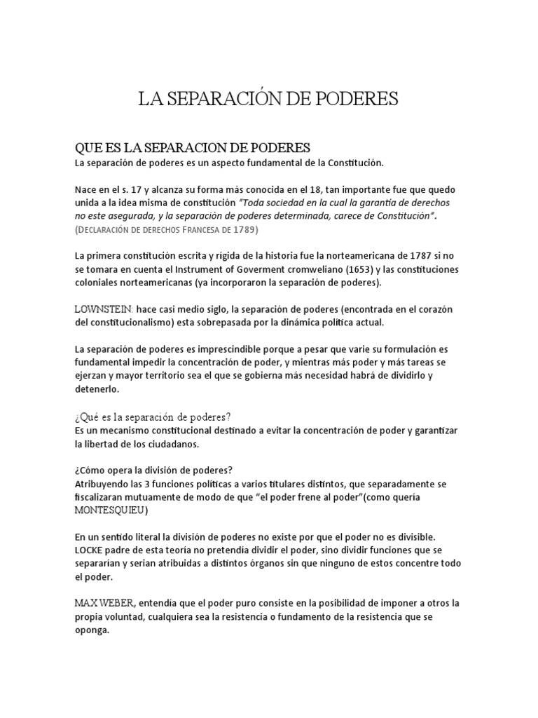 Orígenes y Conceptos de la Separación de Poderes | PDF | Separación de ...