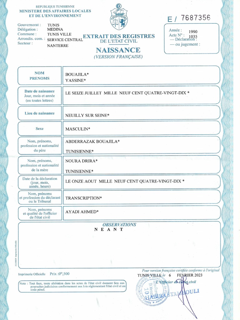 Extrait de Naissance PDF PDF