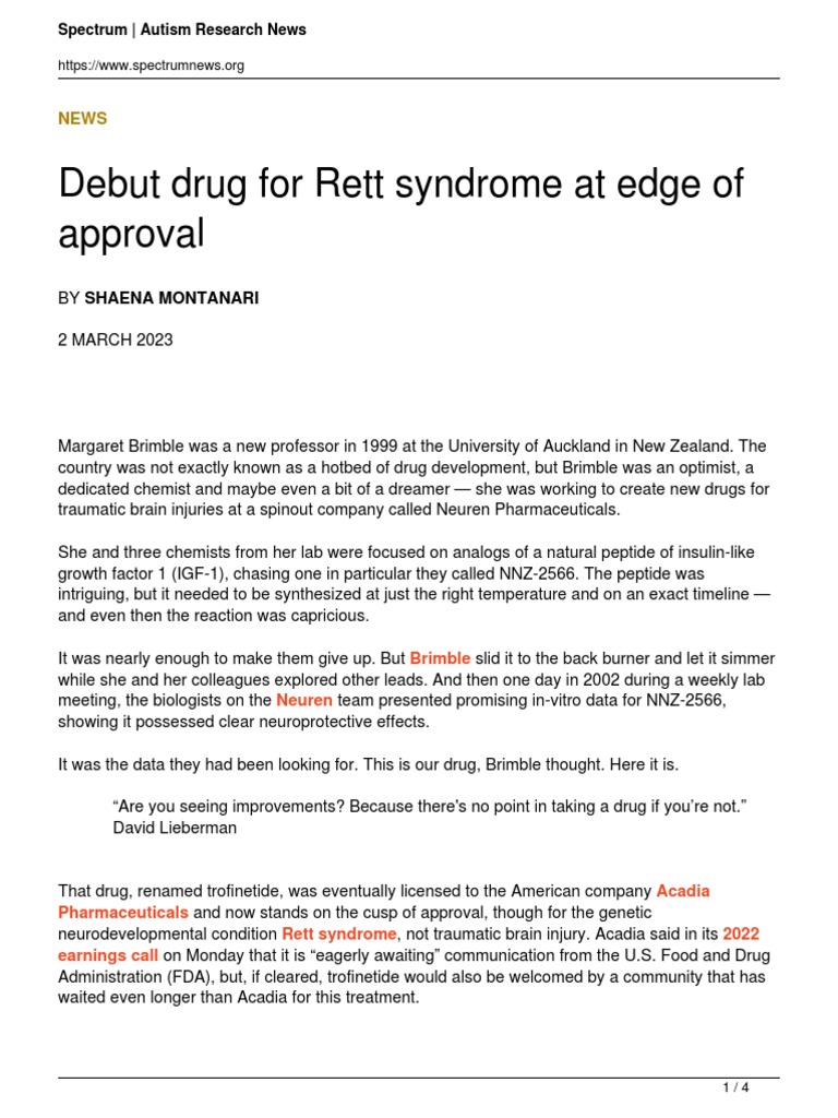 Debut Drug For Rett Syndrome at Edge of Approval | PDF | Autism ...