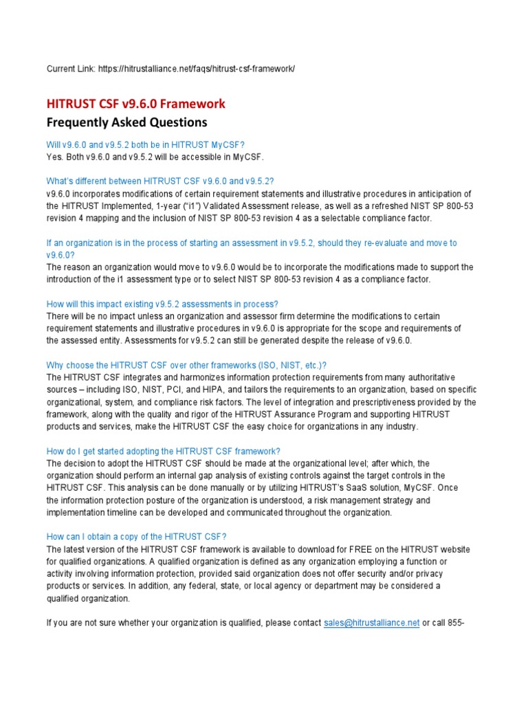 Hitrust Csf Framework Faq 9 6 0 Pdf Information Technology Business