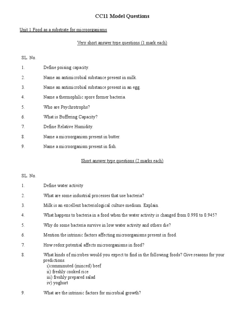 CC11 Food Dairy Microbiology Model Questions PDF | PDF | Food ...