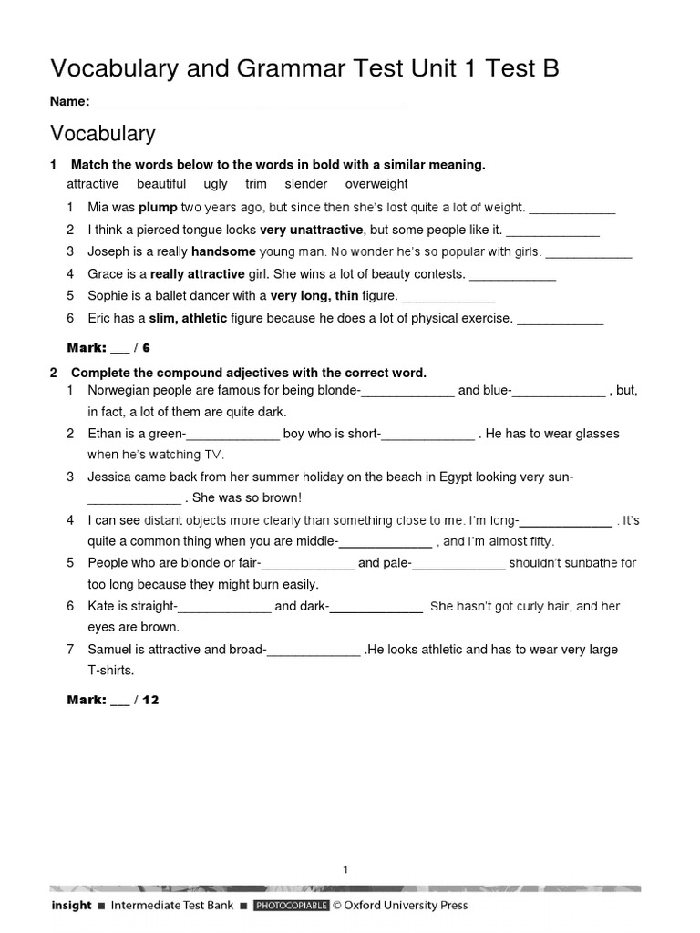 Vocabulary and Grammar Test Unit 1 B | PDF | Home & Garden