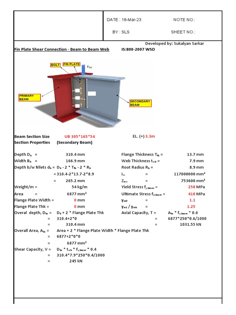 Shear Connection Beam To Beam by Fin Plate by Is Code | PDF | Screw ...