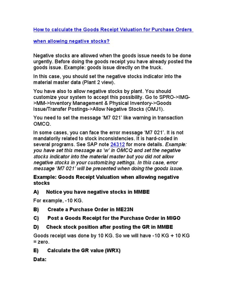 Goods Receipt Valuation with Negative Stock | PDF