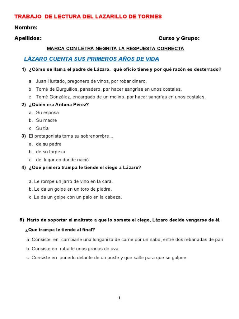 Análisis y Cuestionario sobre Lazarillo de Tormes | PDF | Comida y ...