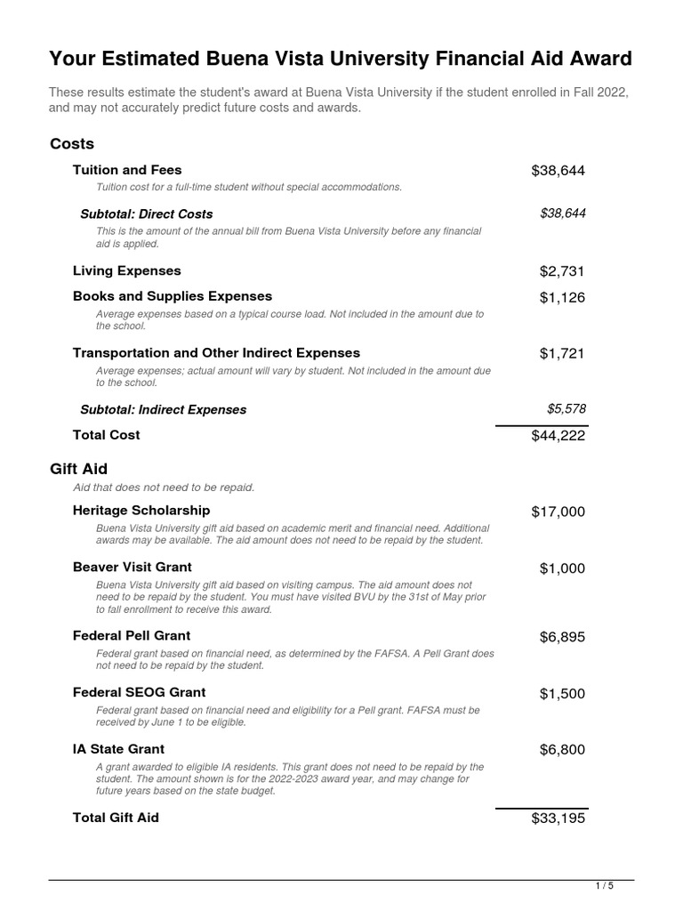 Buena Vista University Net Price Calculator Results PDF Pell Grant